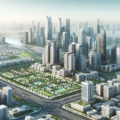 Современный городской пейзаж с высотными зданиями, улицами и парками. 