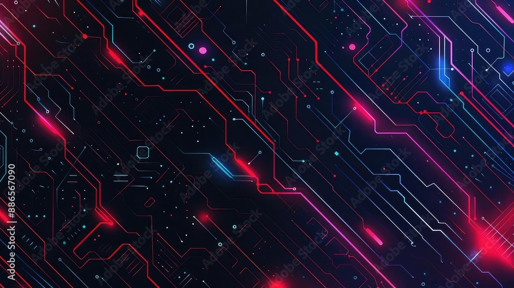 Poster a complex network of glowing red and blue lines and dots on a black background