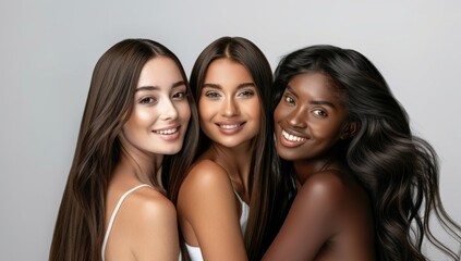 Three beautiful diverse smiling women African American models, flawless glamor makeup. multiracial women, three beautiful women with different skin tones, african ethnicity lifestyle friendship group