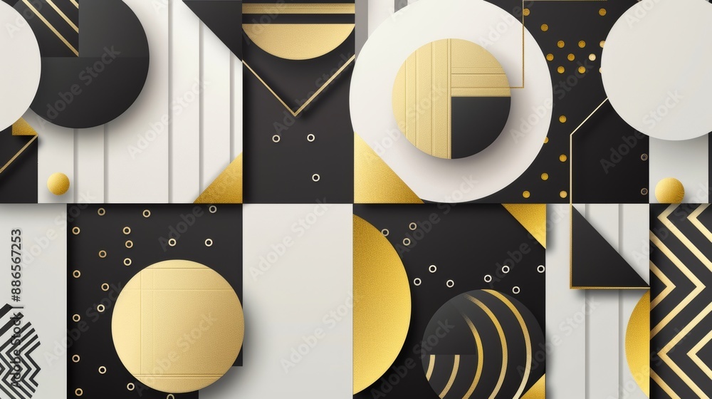 Aufkleber modern luxurious background featuring various geometric shapes in black, white and gold, creating a 