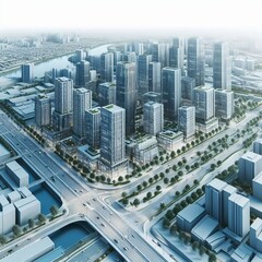 Современный городской пейзаж с высотными зданиями, улицами и парками. 
