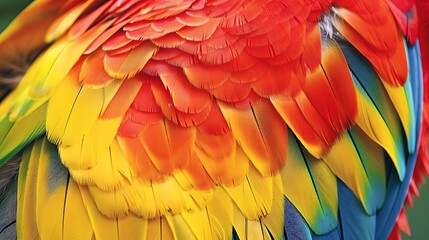 Obraz premium The image is a close-up of a bird's vibrant yellow red and blue plumage.