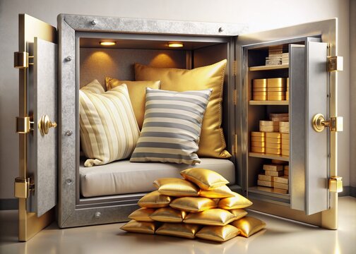 A luxurious safe with gold bars, coins, and documents surrounded by elegant pillows, symbolizing secure wealth preservation through estate planning and tax optimization strategies.