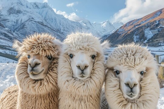 Three cute alpacas in snowy mountain landscape