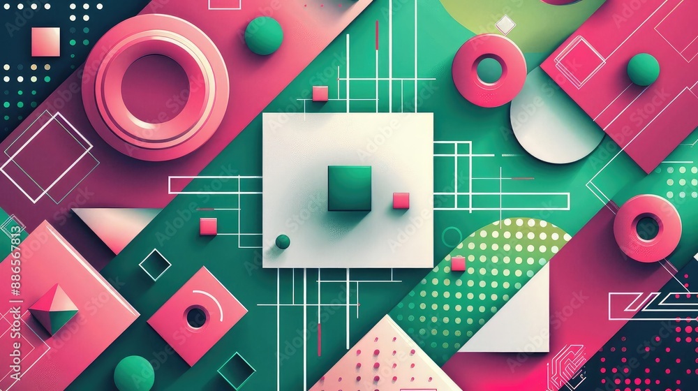 Poster a colorful abstract geometric background with a retro memphis style. use bright and contrasting colo