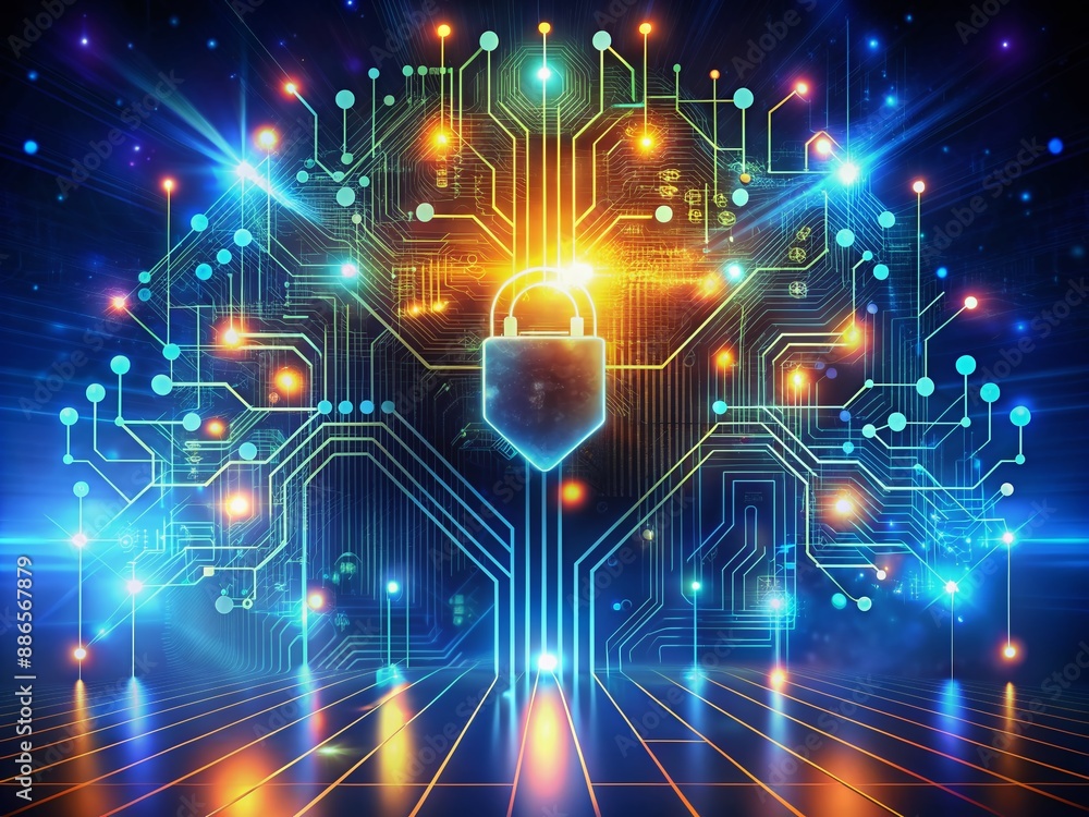 Poster futuristic augmented reality data visualization depicting ai cybersecurity threat, with glowing circ