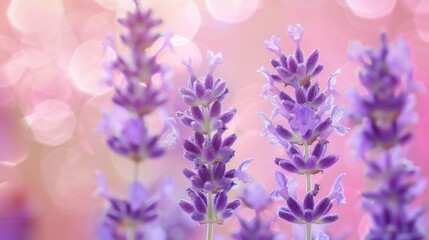 Lavender Flowers Close-Up on Pink Bokeh Background.