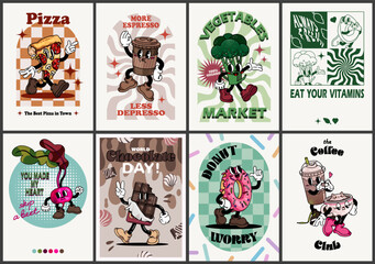 Retro style posters with funny food. The broccoli, pizza, chocolate, donut, beetroot, coffee characters in boots and white gloves. 30's vintage style.