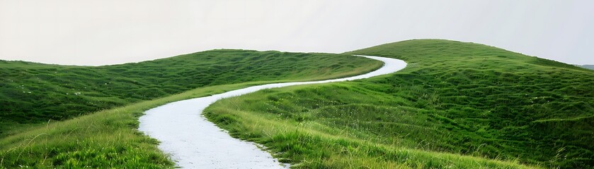 Obraz premium White background, grassy hills with winding dirt paths, green grass, white path, high resolution, landscape photography, 