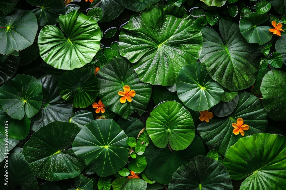 Poster Lush Tropical Foliage with Vibrant Orange Flowers