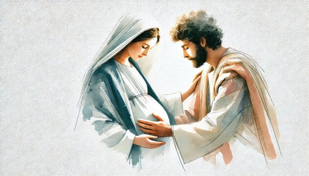 Joseph with Mary pregnant, Matthew 1:18-25 & Luke 2:1-39. Digital watercolor illustration.