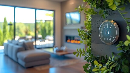 Smart thermostat in a high-tech home, learning household schedules and preferences, automatically adjusting temperature for maximum comfort and energy conservation. Generative AI.
