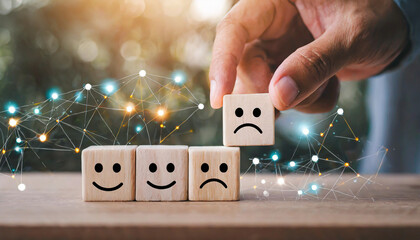 Close up customer hand choose smiley face and blurred sad face icon on wood cube, Service rating, satisfaction concept.