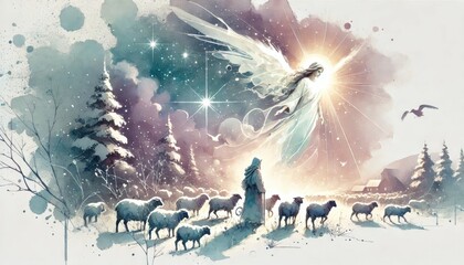 Shepherds in a field, astonished by a glowing angelic figure in the sky.
