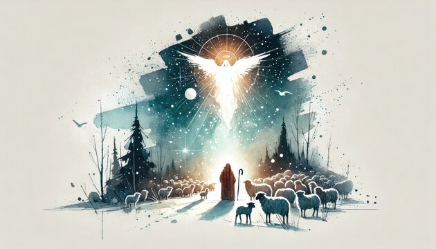 An angel appears in the sky, filling the field with light, as shepherds watch over their flock.
