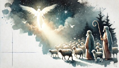 Shepherds gaze at a radiant angel in the night sky, with their flock nearby. 