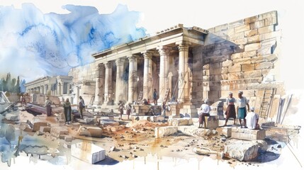 Fototapeta premium Rebuilding the Temple of Jerusalem, Ezra 1-6 & Haggai 1-2. Digital watercolor illustration.