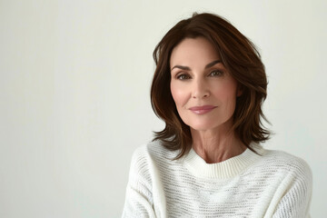 Obraz premium Beautiful mature confident woman in white sweater portrait on white background. Space for text