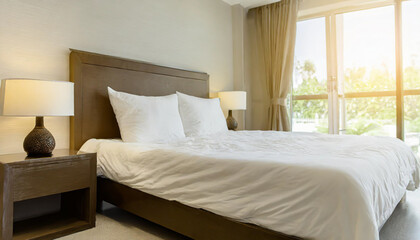 close up empty bed with pillows and blanket in the bedroom