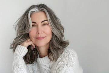 Fototapeta premium Mature woman with grey hair smiling at the camera in a white sweater