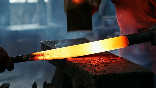 Traditional blacksmith forging hot iron on anvil in workshop