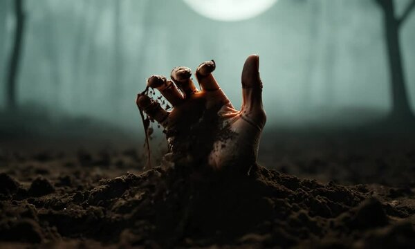 Halloween, dead hand coming out from the soilhyper-realistic 4K video.