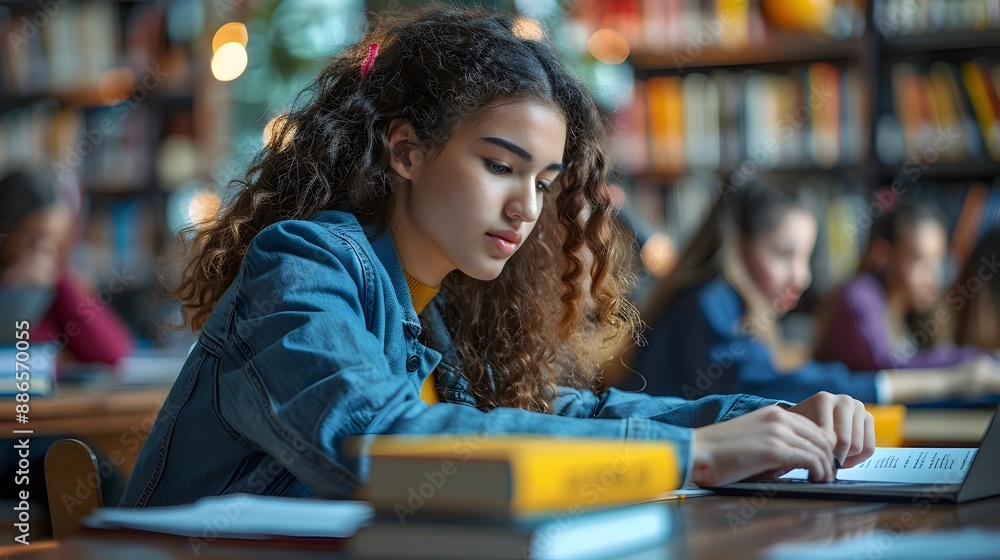 Poster focused students studying with digital devices and textbooks in library workspace