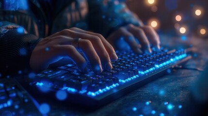 Closeup of hands typing on rgb backlit mechanical keyboard in dimly lit, cyber themed setting