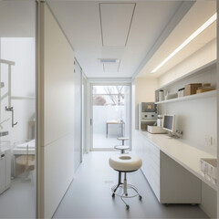 A multipurpose small-scale volunteer room with a clean, white-toned interior, resembling a medical or health care room. The room includes basic equipment and supplies