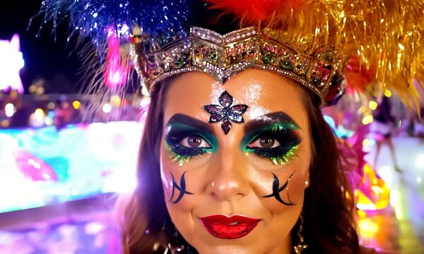 Makeup of a woman at the carnival in Rio de Janeiro, Brazil. Halloween costume and make-up. hyper-realistic 4K video