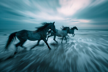 Obraz premium Black Horses Running on the Beach with Motion Blur, wild and free 