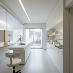 A multipurpose small-scale volunteer room with a clean, white-toned interior, resembling a medical or health care room. The room includes basic equipment and supplies