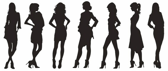 Women silhouettes in diverse poses, showcasing fashion and elegance on a white background, perfect for design, art, and fashion projects