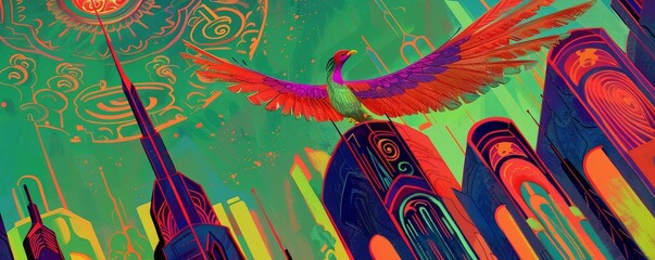 Imagine a sleek phoenix perched atop a neon skyscraper