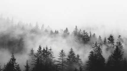 A misty dark forest silhouette against a foggy white sky
