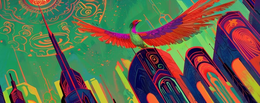 Imagine a sleek phoenix perched atop a neon skyscraper