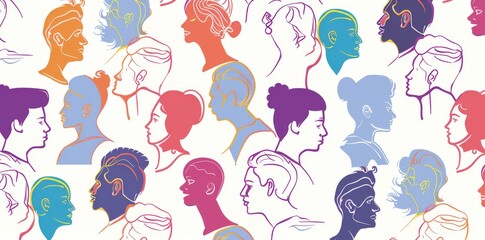 People crowd silhouette abstract art seamless pattern with multi-ethnic community, multicultural background, different crowd drawing.