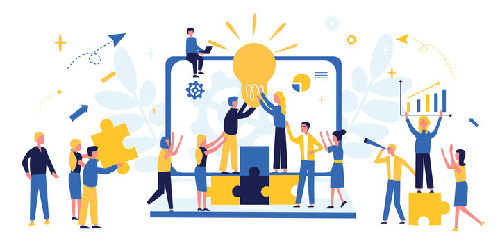 Business concept. Team metaphor. People connect puzzle elements. Flat illustration in flat design style. Teamwork, collaboration, partnership. Businessmen working together and moving towards success.