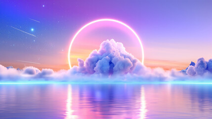 Serene Water Reflection with Ethereal Celestial Clouds. Vibrant Sunset Sky in Cosmic Landscape