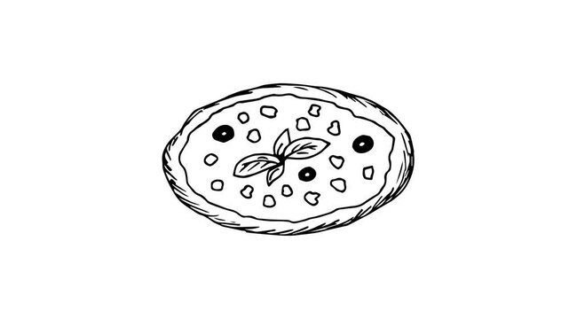 Simple cartoon animation. Hand lettering pizza, doodle sketch. Ingredients and products, preparation. Pizzeria and diner, street food.