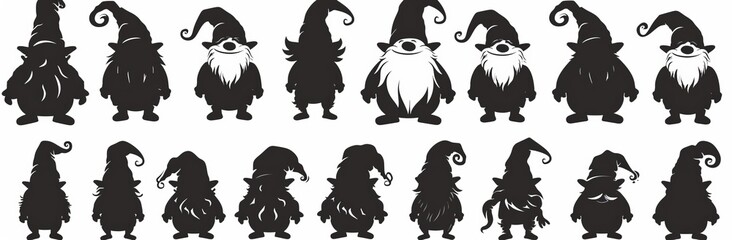 Set of gnome dwarf elf silhouettes, modern silhouettes with white backgrounds.