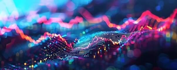 An abstract stock market graph, with vibrant colors and futuristic overlays, showcasing digital trends and algorithmic trading impacts on market dynamics.