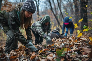 Fototapeta premium Volunteers group collecting trash in the forest Generative Ai