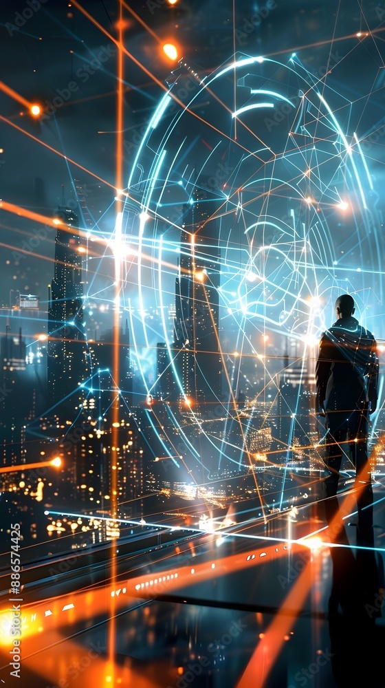 Poster futuristic digital interface overlaid on cityscape with interconnected graphs and data profiles