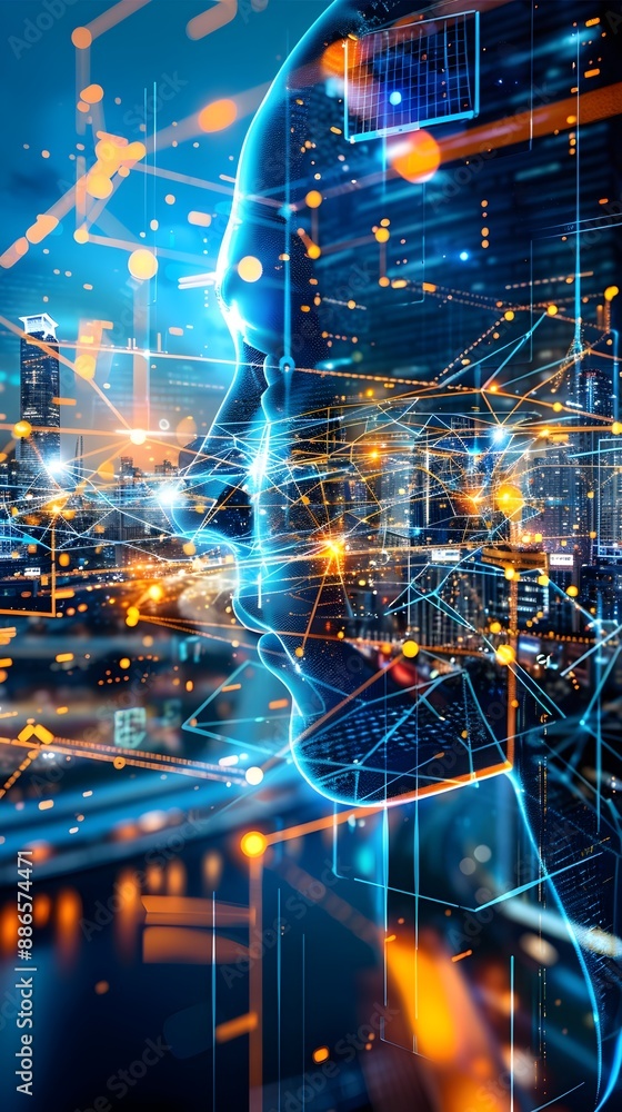 Poster futuristic digital interface overlaying cityscape with networked connections and janus profile