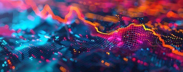 An abstract stock market graph, with vibrant colors and futuristic overlays, showcasing digital trends and algorithmic trading impacts on market dynamics.