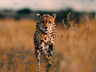 Naklejka premium A cheetah in motion, racing through a lush field of tall grass