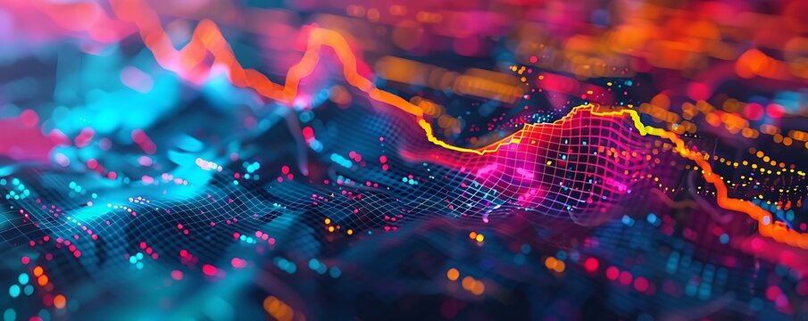 An abstract stock market graph, with vibrant colors and futuristic overlays, showcasing digital trends and algorithmic trading impacts on market dynamics.