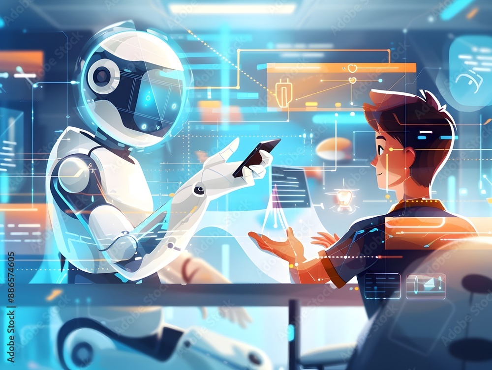 Poster person interacting with futuristic chatbot in editorial visual narrative