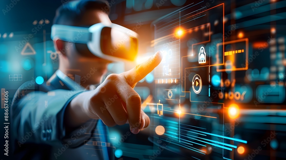 Poster man wearing vr headset pointing to glowing holographic display with controls and symbols